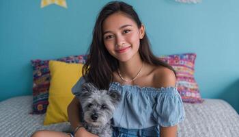 Cheerful Teenage Girl with Dog in Stylish Bedroom Soft Background Copyspace for Creative Use photo