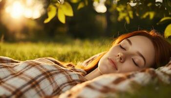 Tranquil Woman Sleeping in Nature Serene Background with Copyspace for Peaceful Moments photo