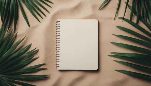 A Blank Journal on Warm Sand Tropical Paradise Image with Background and Copyspace photo
