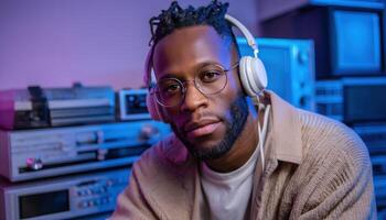 Vibrant African American Male Artist Creating Music in Futuristic Studio Background with Copyspace photo