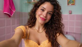 Vibrant Young Woman with Curly Hair in Trendy Outfit Stylish Bathroom Portrait Cheerful Background Copyspace photo