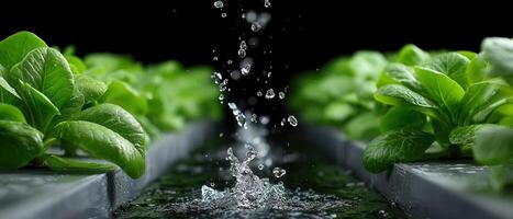 Hydroponic System Action Indoor Garden Watering Process Dark Background Copyspace photo