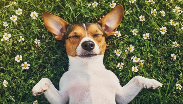 Peaceful Cute Terrier Lying on Soft Grass in Nature Background with Copyspace photo