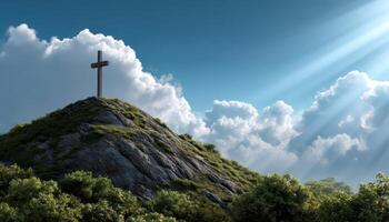 Serene Cross on Hilltop Peaceful Nature Background Copyspace for Reflection photo