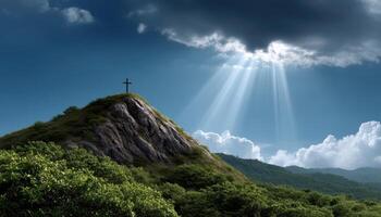 Serene Cross on Mountain Peak Lush Green Landscape Nature Background Inspirational Copyspace photo