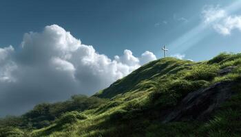 Peaceful Landscape with Cross on Hilltop Lush Green Background Copyspace for Reflection photo