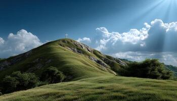 Peaceful Landscape with Cross at Mountain Peak Nature Background Copyspace for Reflection photo