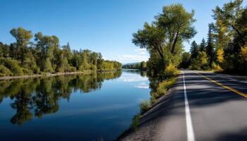 Tranquil River Reflection Scenic Byway Nature Photography Serene Background Copyspace Available photo