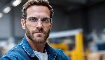 Candid Portrait of a Male Engineer in Industrial Setting Copyspace Background for Professional Use photo