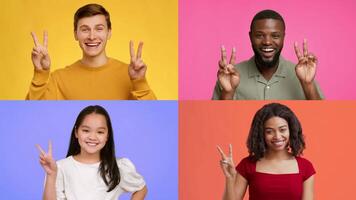 A collection of diverse individuals expressing joy and positivity with V gestures. Each person, smiling brightly, conveys a sense of accomplishment against vibrant, colorful backgrounds. video