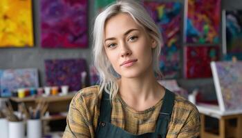 Artistic expression by a creative woman in a vibrant studio captured portrait inspiring artist environment photo