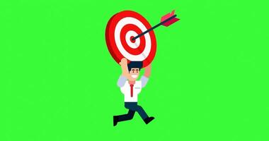 Businessman running with bullseye target and arrow on green screen background representing goal achievement and success video