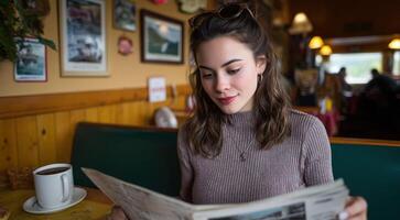 Savoring breakfast while reading a newspaper cozy indoor dining space relaxed atmosphere captured moment of tranquility photo