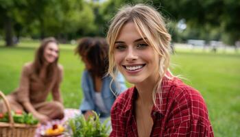 Outdoor picnic celebration with friends park lifestyle greenery joyful atmosphere photo