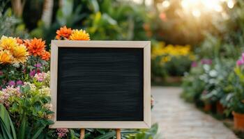 Garden scene displaying blank chalkboard sign among vibrant flowers outdoor photography nature close-up spring vibes photo