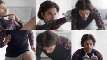 A fit man engages in a series of exercises at home, showcasing effective techniques for maintaining a healthy lifestyle. He alternates between push-ups, sit-ups, and focused stretches. video