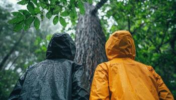 Two people in raincoats observing a majestic tree in a dense forest nature photography serene environment upward view photo