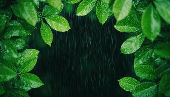 Refreshing rainfall on lush green leaves nature scene close-up viewpoint tranquil environment photo