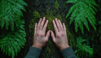 Connecting with nature hands on tree bark in lush forest close-up photography tranquil environment serene perspective photo