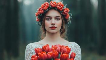 Floral portrait of young woman in forest artistic photography natural environment close-up feminine beauty photo