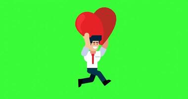 Businessman Running with Heart Shape on Green Screen Background for Love and Motivation Concepts video