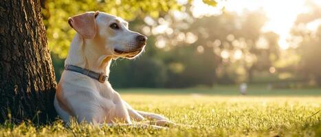 Relaxing dog under tree sunny park photography natural setting side view peaceful companion photo