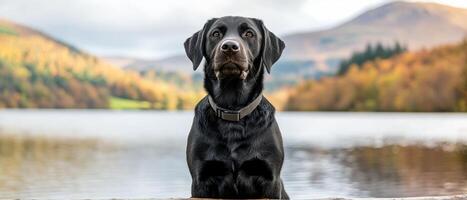 Dog sitting by scenic lake nature photography autumn landscape peaceful viewpoint photo