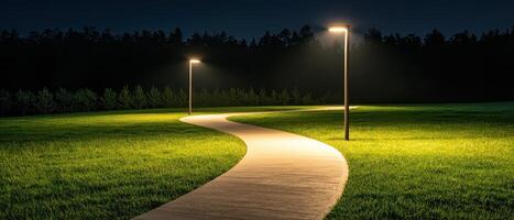 Nighttime walking path illuminated by street lamps serene park photography calm environment low angle view tranquility concept photo