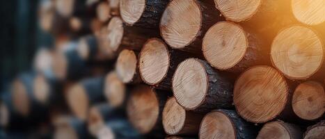 Wood stacking process in forest timber industry close-up view natural environment log storage concept photo