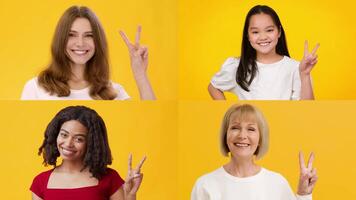 This collection showcases four cheerful individuals from diverse backgrounds. Each person expresses joy with a V gesture, symbolizing success and positivity against a vibrant yellow backdrop. video