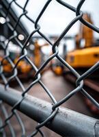 Construction equipment through chain-link fence industrial site photograph urban environment close-up view machinery concept photo