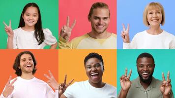 A joyful group of diverse individuals display victory signs, expressing happiness and positivity. Their cheerful faces and gestures create an atmosphere of celebration and success. video