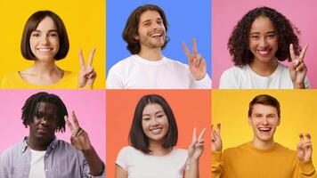 A collection of diverse individuals share joyful expressions and vibrant V gestures, showcasing happiness and success against colorful backgrounds. The atmosphere is filled with positivity. video