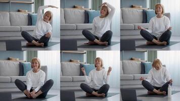 Elderly lady engage in diverse workout activities indoors, highlighting fitness routines and mindfulness practices. The atmosphere reflects motivation and a commitment to health and well-being. video