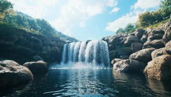 Majestic waterfall flowing over rocks nature landscape tranquil environment bright daylight viewpoint photo