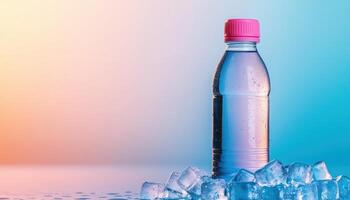 Colorful fun kids water bottle surrounded by ice bright studio setting product photography cheerful vibe photo