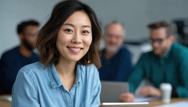 Innovative young executive participating in team collaboration in modern office setting professional environment focused viewpoint photo