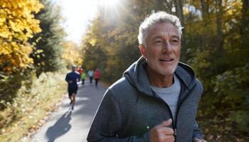 Senior man jogging uphill on a path in autumn inspirational lifestyle image nature setting motivational viewpoint photo