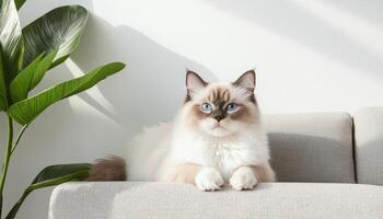 Charming ragdoll cat with striking blue eyes sitting on sofa modern home pet photography bright indoor environment photo