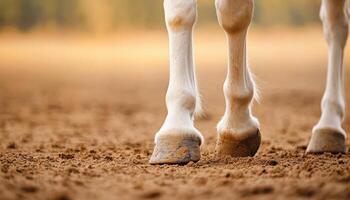 Gentle hooves of a white horse pressing into soft earth outdoor stable close-up photography natural setting photo