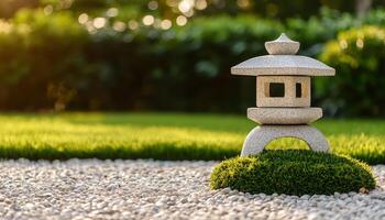 Zen garden serenity stone lantern in a tranquil outdoor setting nature photography bright daylight peaceful atmosphere photo