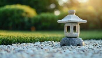 Zen garden serenity stone lantern in tranquil outdoor setting nature close-up peaceful concept photo
