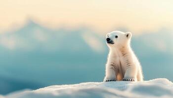 Curious polar bear cub exploring sunlit arctic landscape wildlife photography natural environment captivating view photo