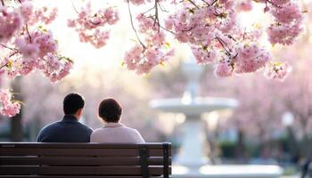 Romantic couple enjoying cherry blossom view on bench park photography springtime close-up love photo
