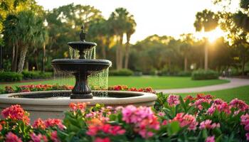 Relaxing fountain in lush green park nature photography serene environment golden hour view photo