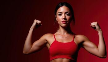Empowering fitness action strong female figure in red crop top studio environment dynamic pose photo