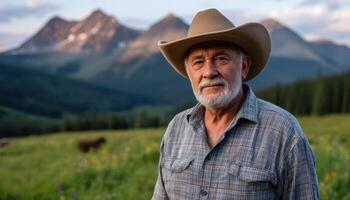Proud cowboy in iconic hat stands in field amidst mountains nature photography outdoor scenic view western theme photo