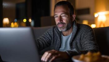 Late night productivity indian man working on laptop in cozy home setting focused atmosphere evening vibes photo