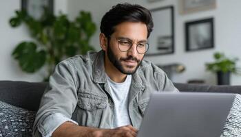 Focused indian man working on laptop in modern living room home office environment motivational scene photo