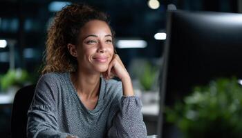 Engaging woman smiling at computer modern office digital work environment nighttime positive vibes photo